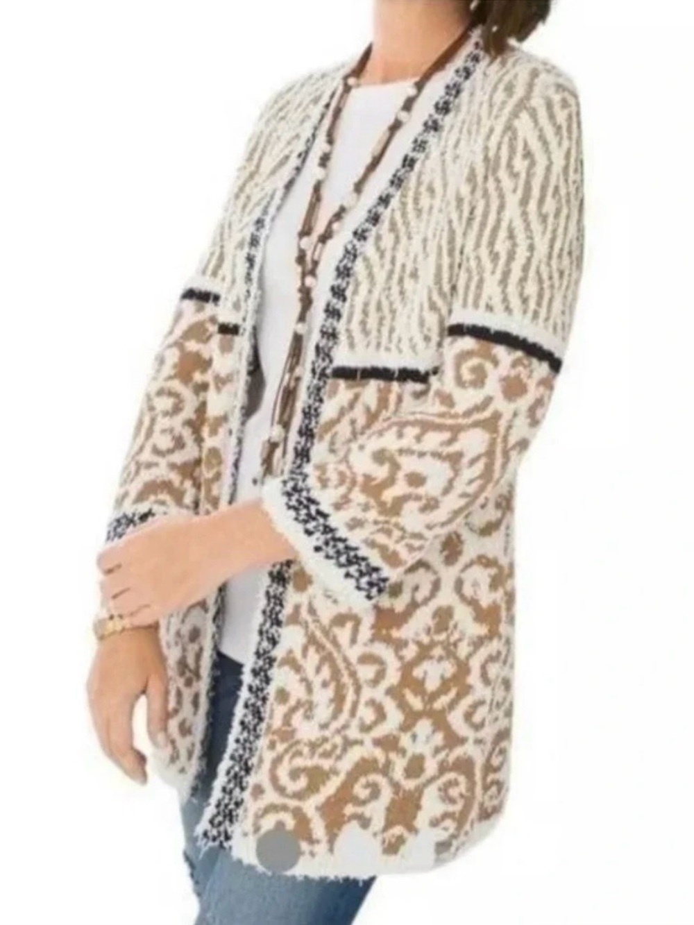 Chico's Cream and Brown Patterned Open-Front Cardigan Jacket - Picture 4 of 4